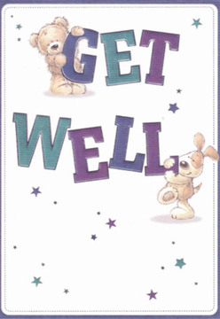 The inviting illustration on this get well card, beloved in Osidge, showcases a plush teddy bear gently gripping the bold 'GET,' while a charming puppy, floppy ears framing its hopeful eyes, leans warmly on the exuberant 'WELL' below. The typography itself seems to bounce with energy, shaded in vibrant purples and aquas, creating a visual rhythm amid a field of scattered, whimsical stars. The crisp, creamy background imbues the image with a sense of freshness, recalling the tranquil paths of Brunswick Park on a clear afternoon. There's an irresistible sense of nurturing here - both playful and thoughtful - as if the artists have placed every brushstroke with the same care an Osidge florist would use to position each petal in a comforting bouquet. Texture comes alive in the rendered fur, promising comfort equivalent to a gentle embrace. This card, ideal for brightening the bedside of a loved one in Osidge, delivers a visual encouragement that matches the heartfelt intentions behind our community's most thoughtful gifts. The overall composition, equally warm and optimistic, captures that vital spark of hope and connection-essential qualities we strive for in every arrangement and gesture of kindness throughout Osidge.